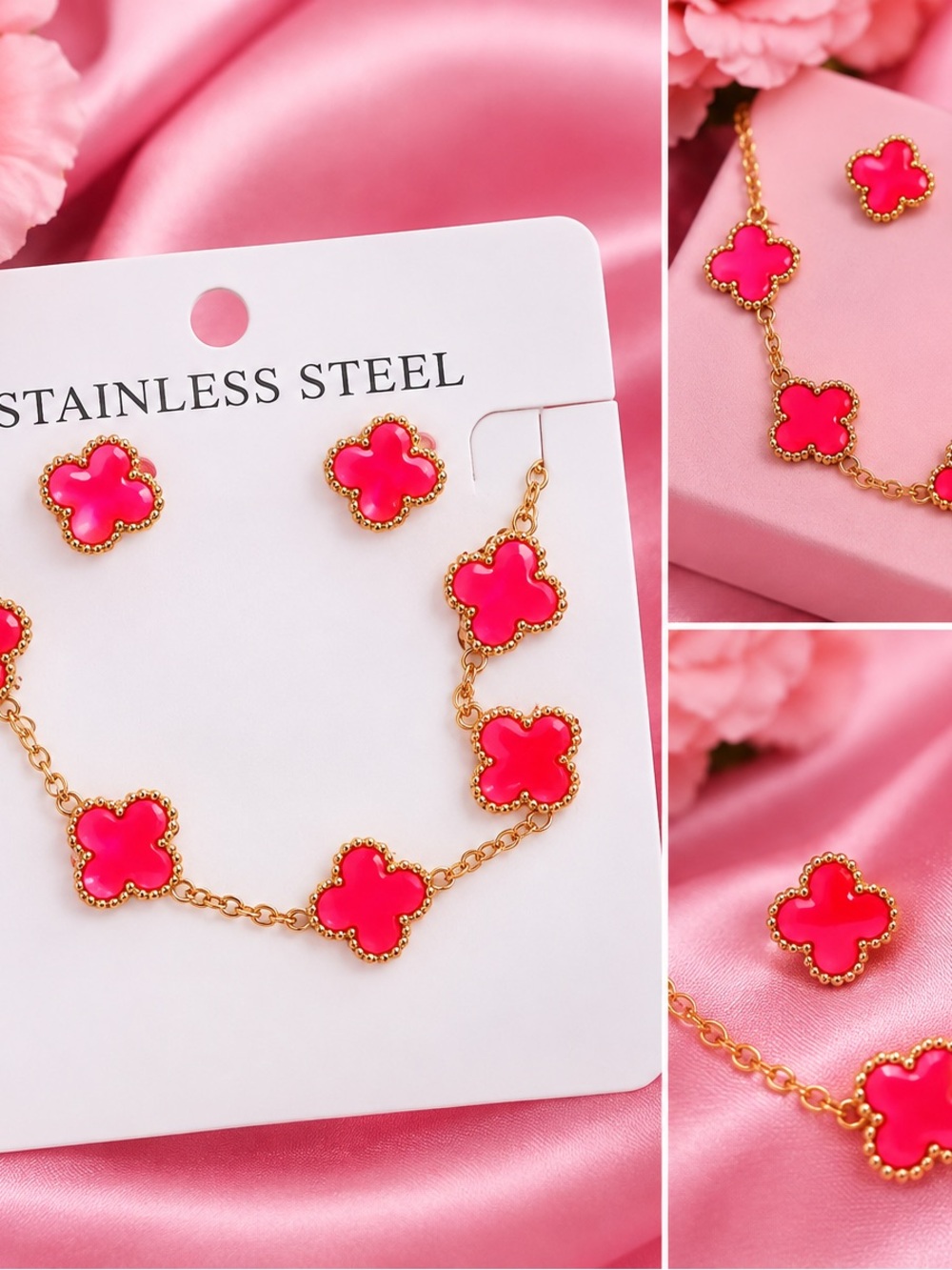 Gold-Plated Bracelet & Earrings Set with Hot Pink Clover Accents